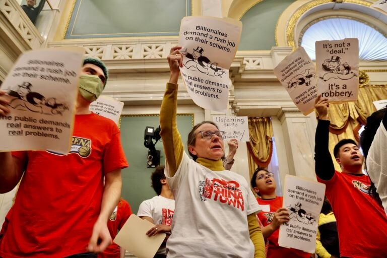 Sixers arena opponents chant as City Council weighs whether to approve a preliminary bill that would allow a new arena to be built on Market Street.