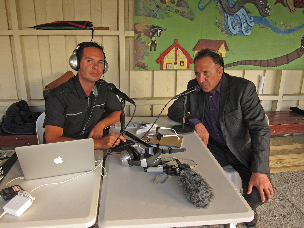 Te Hiku Media CEO Peter-Lucas Jones is seen interviewing a guest for the broadcast company. (John Miller/Ngapuhi Tribe) 