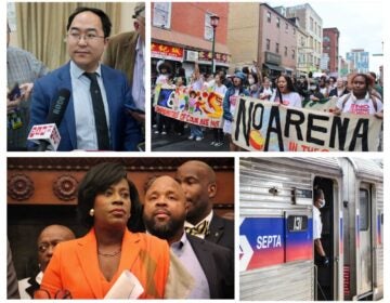 Mayor Cherelle Parker (Emma Lee/WHYY); the Save Chinatown Coalition (Emily Neil/WHYY); Sen. Andy Kim (AP Photo/Seth Wenig); SEPTA Regional Rail train (Kimberly Paynter/WHYY) 
