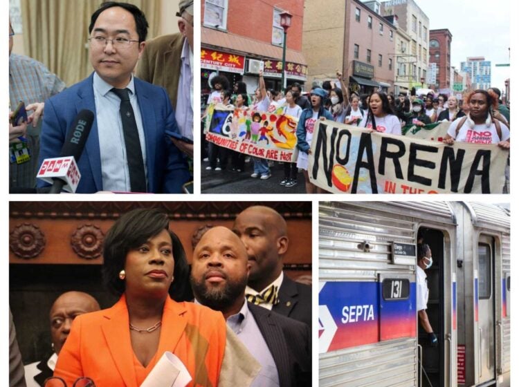 Mayor Cherelle Parker (Emma Lee/WHYY); the Save Chinatown Coalition (Emily Neil/WHYY); Sen. Andy Kim (AP Photo/Seth Wenig); SEPTA Regional Rail train (Kimberly Paynter/WHYY) 
