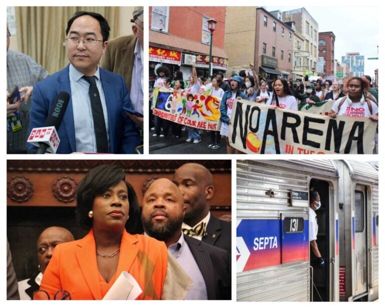 Mayor Cherelle Parker (Emma Lee/WHYY); the Save Chinatown Coalition (Emily Neil/WHYY); Sen. Andy Kim (AP Photo/Seth Wenig); SEPTA Regional Rail train (Kimberly Paynter/WHYY) 
