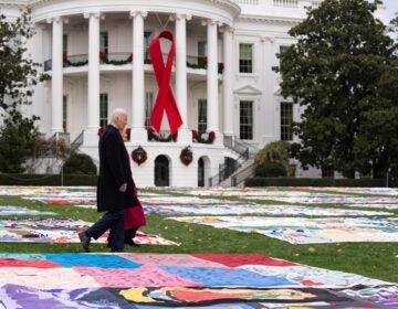 Joe and Jill Biden walk between AIDS Memorial Quilts spread over the South Lawn at the White House