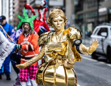 A Mummer is dressed as Dot Matrix on New Year’s Day, Jan. 1, 2025. (Kimberly Paynter/WHYY)