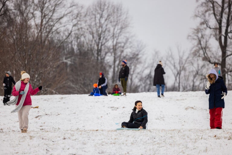 children sledding down a snowy hill