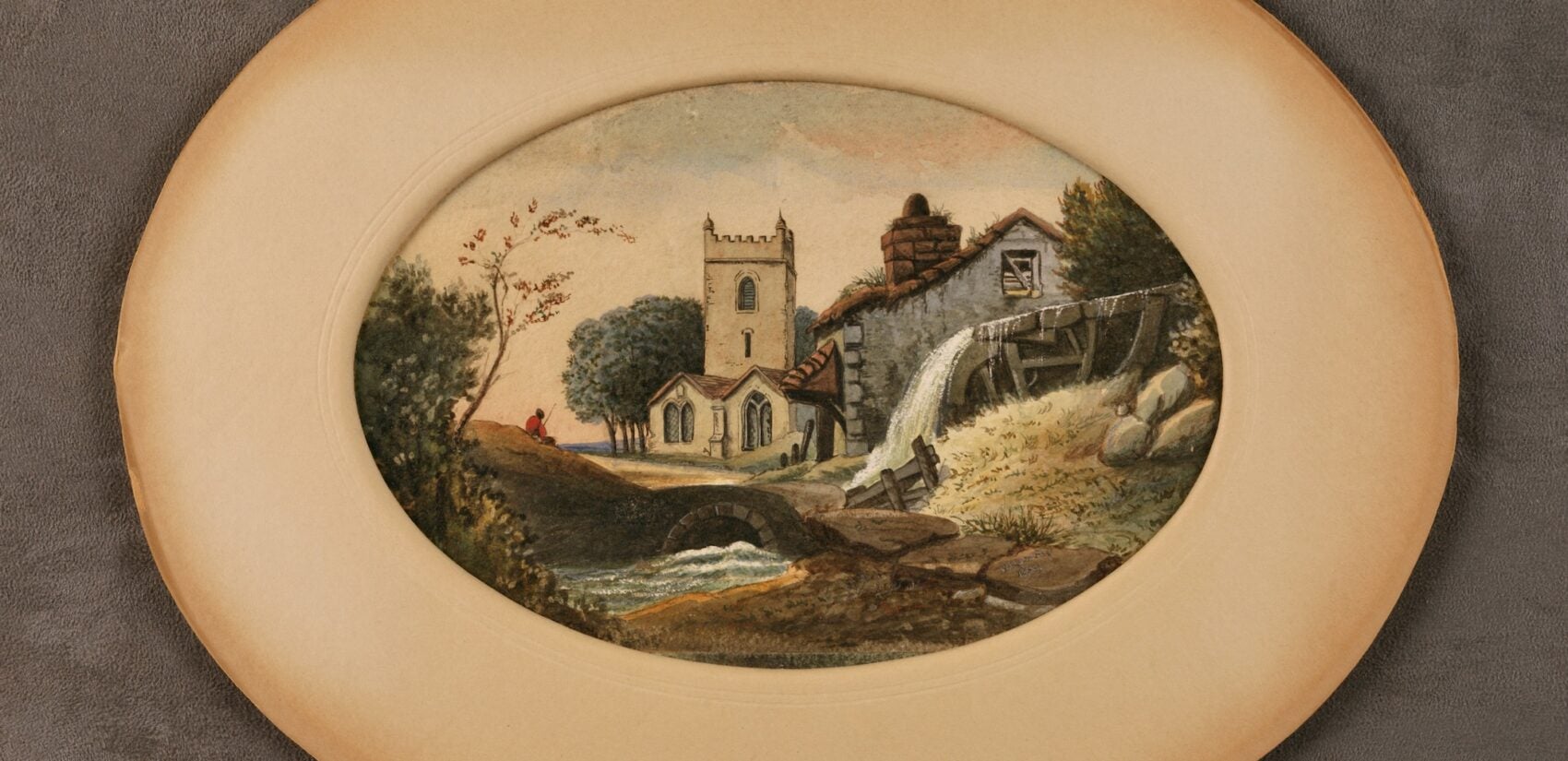 a watercolor depicts a person fishing, a waterfall and two buildngs