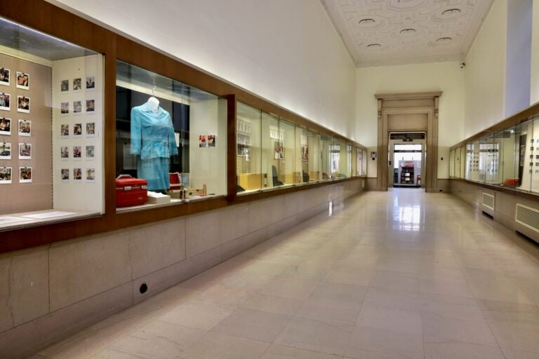 Documents and memorabilia line the wall at the Parkway Central Library