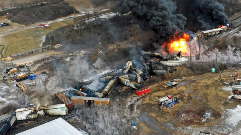 Train Derailment Ohio Railroad Safety This photo taken with a drone shows portions of a Norfolk Southern freight train that derailed Feb. 3, in East Palestine, Ohio, are still on fire on Feb. 4, 2023.(AP Photo/Gene J. Puskar, File)