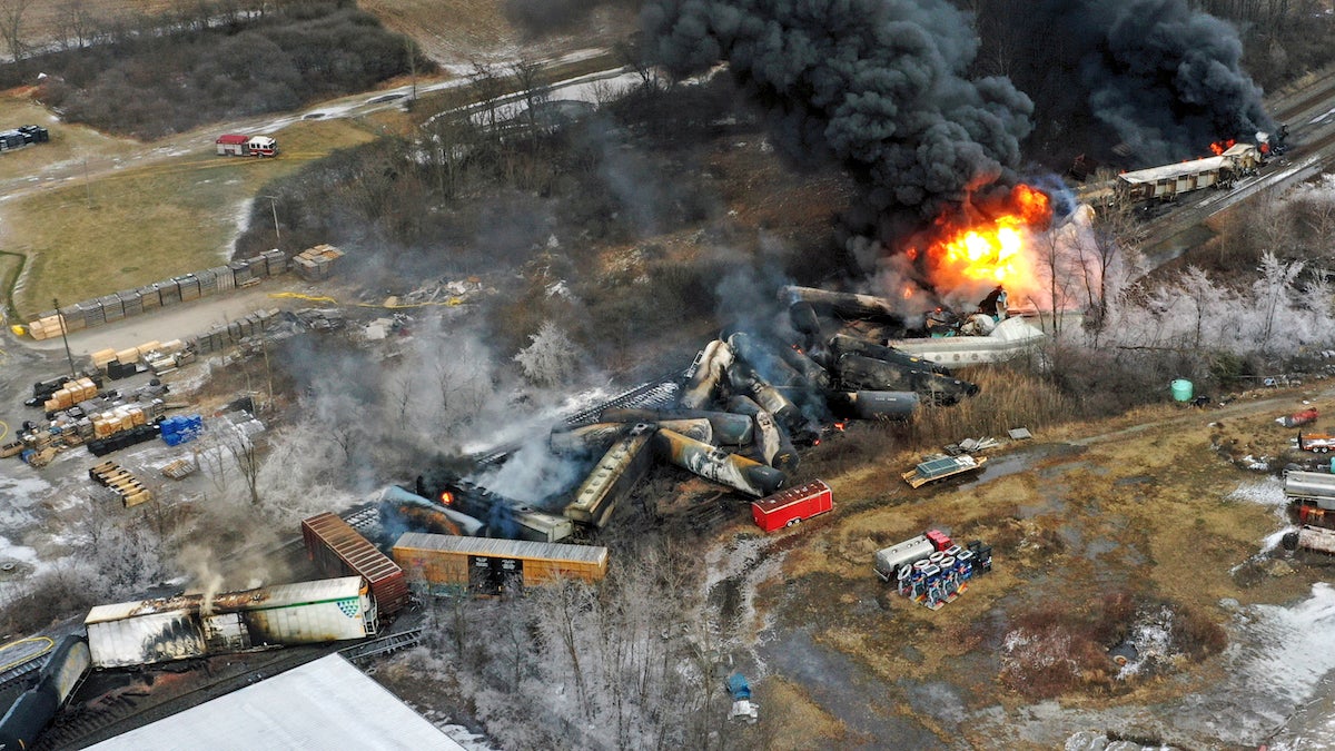 This photo taken with a drone shows portions of a Norfolk Southern freight train that derailed Feb. 3, in East Palestine, Ohio, are still on fire on Feb. 4, 2023.(AP Photo/Gene J. Puskar, File)