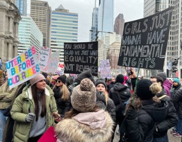 On Saturday, a few hundred people gathered outside City Hall in Philadelphia for the People's March. (Zoe Read/WHYY)