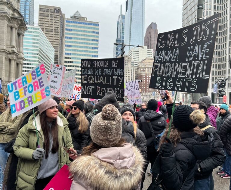 On Saturday, a few hundred people gathered outside City Hall in Philadelphia for the People's March. (Zoe Read/WHYY)