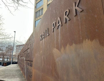 One entrance of the Philadelphia Rail Park near 13th and Noble Street. (Kristen Mosbrucker-Garza/WHYY)