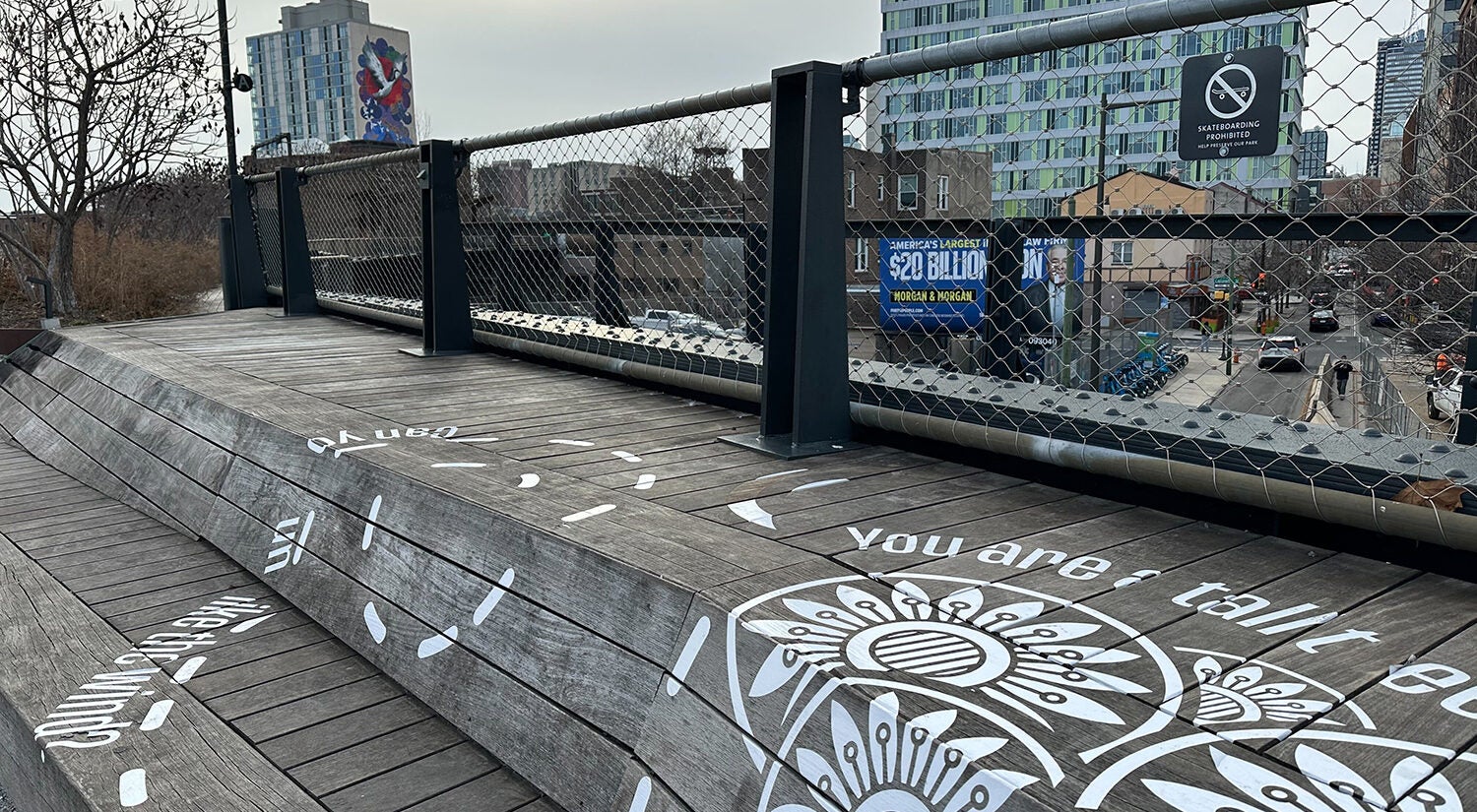 A view of the elevated Philadelphia Rail Park near 13th and Noble Street just north of Center City. (Kristen Mosbrucker-Garza/WHYY)