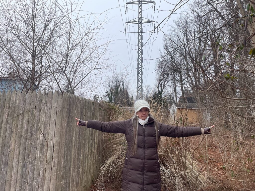 Lisa Wilson Riblett shows land in front of a tower