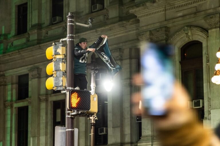 a fan on a street light with an Eagles flag