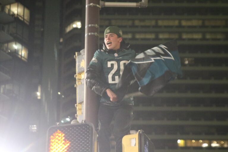 a fan on a pole with an Eagles fan