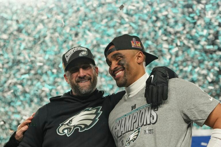 Eagles coach Nick Sirianni with quarterback Jalen Hurts