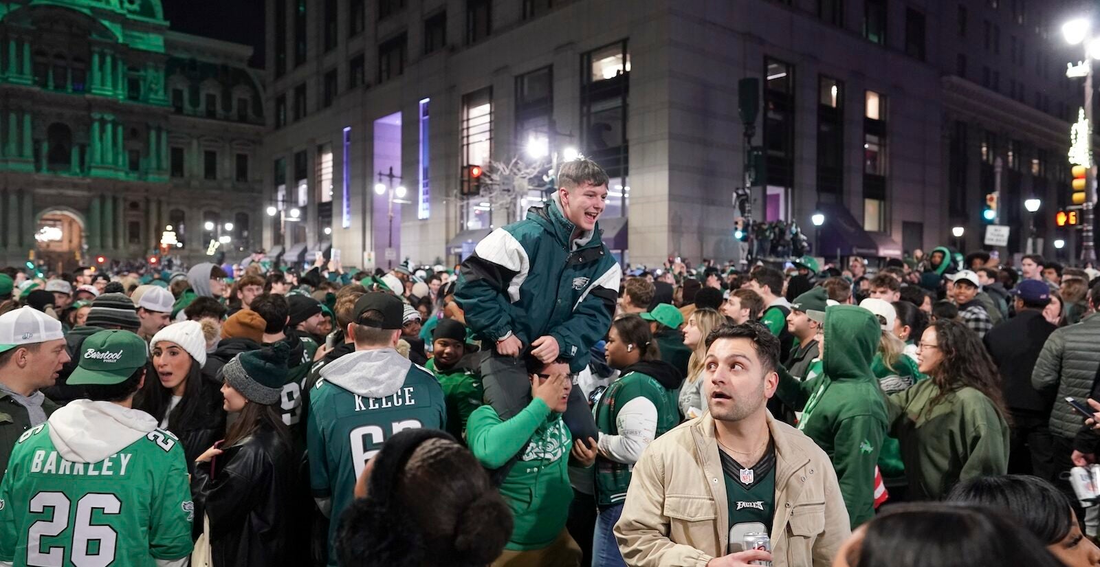 Philadelphia Eagles fans celebrate on South Broad Street in Philadelphia, Sunday Jan. 26, 2025, after the Eagles won the NFC Championship by defeating the Washington Commanders.