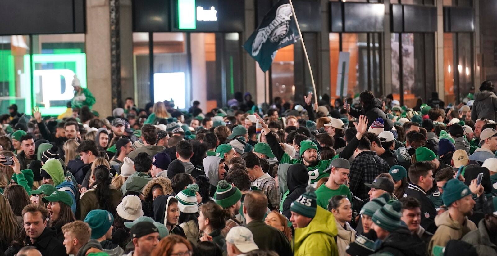 Philadelphia Eagles fans celebrate on South Broad Street in Philadelphia, Sunday Jan. 26, 2025, after the Eagles won the NFC Championship by defeating the Washington Commanders.