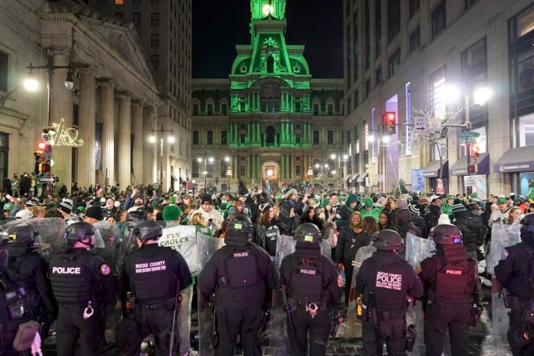 Police begin to disperse Philadelphia Eagles fans celebrating on South Broad Street in Philadelphia, Sunday Jan. 26, 2025, after the Eagles won the NFC Championship by defeating the Commanders.