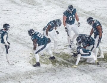 Eagles players move snow so Jake Elliot can kick a field goal