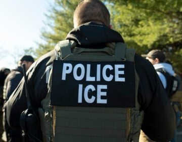 an ICE agent wears a vest reading POLICE ICE