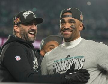 Philadelphia Eagles coach Nick Sirianni, left, and quarterback Jalen Hurts