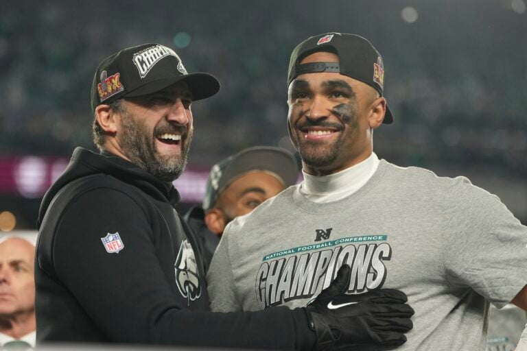 Philadelphia Eagles coach Nick Sirianni, left, and quarterback Jalen Hurts