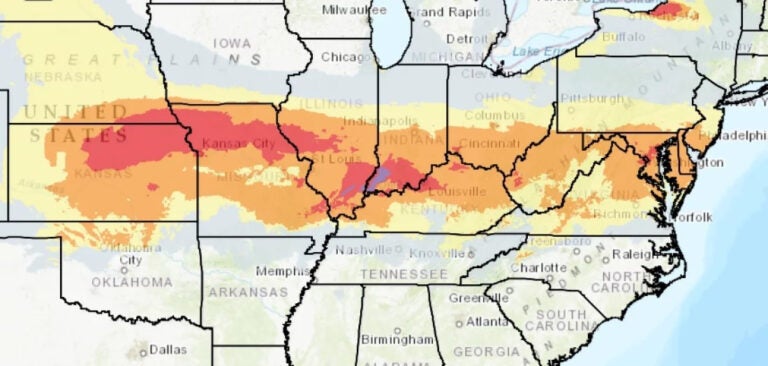 The National Weather Service's Winter Storm Severity Index shows areas predicted to be impacted by the storm. (NWS Weather Prediction Center/Screenshot by NPR)