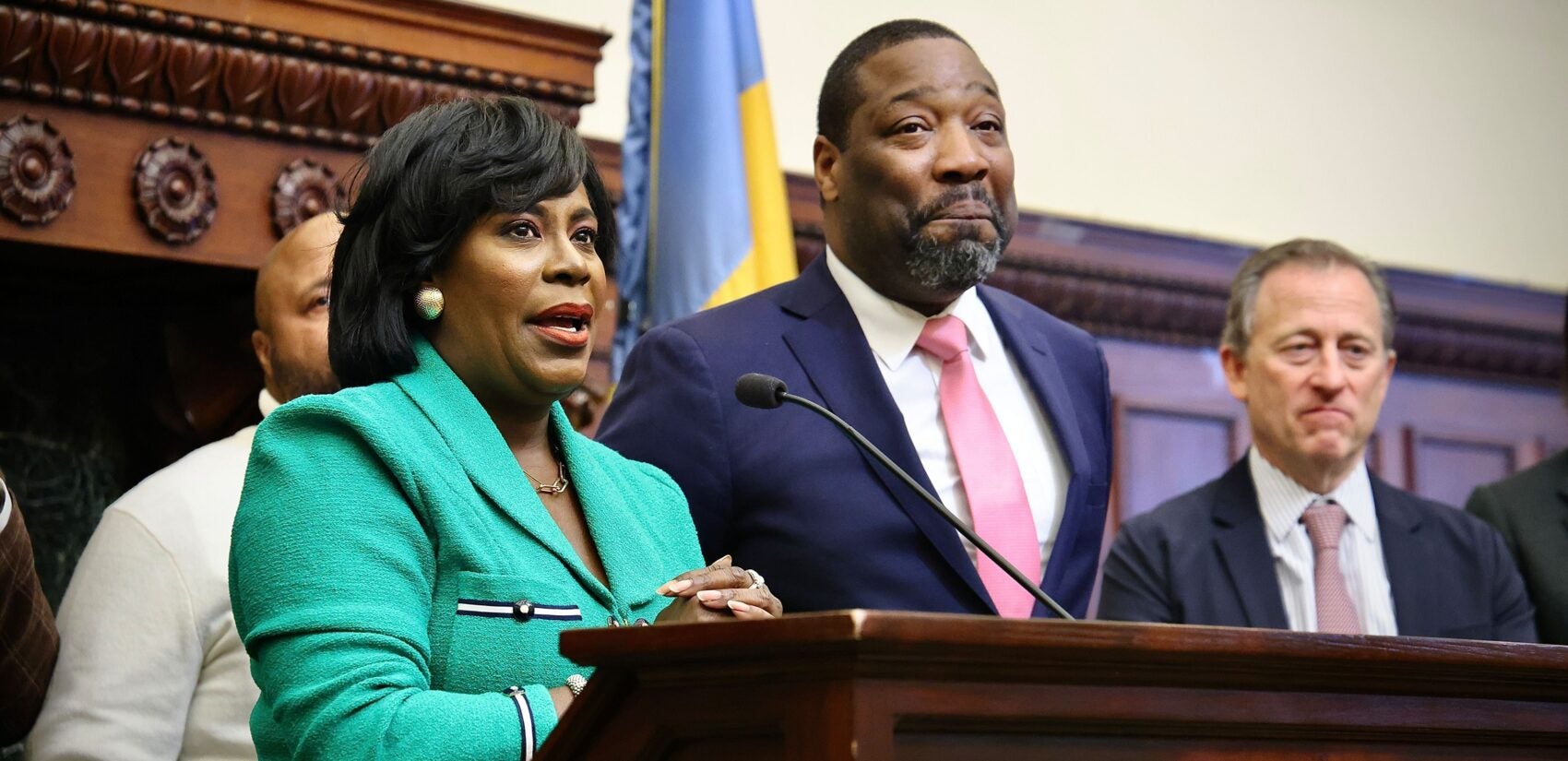 Mayor Parker speaks next to Kenyatta Johnson