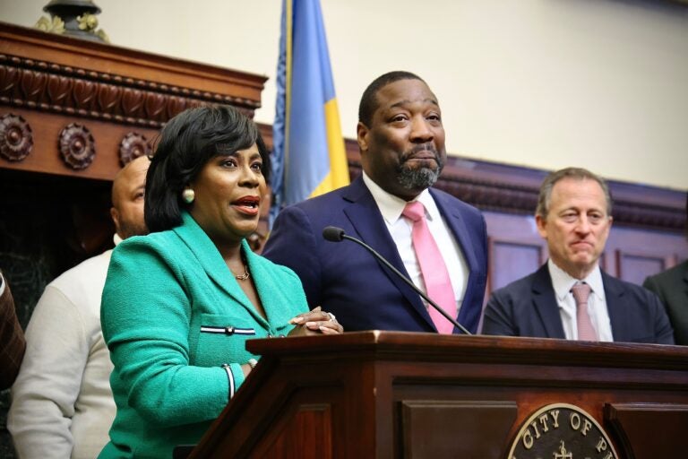 Mayor Parker speaks next to Kenyatta Johnson