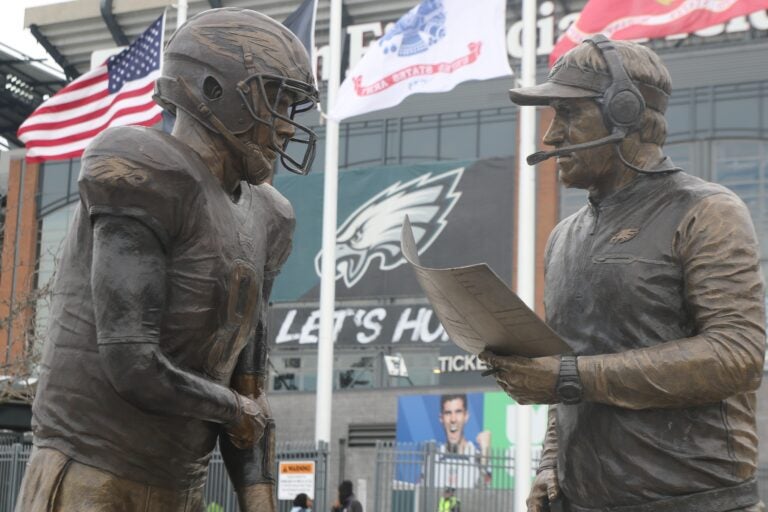 A statue erected outside of Lincoln Financial Field showcases quarterback Nick Foles and former head coach Doug Pederson