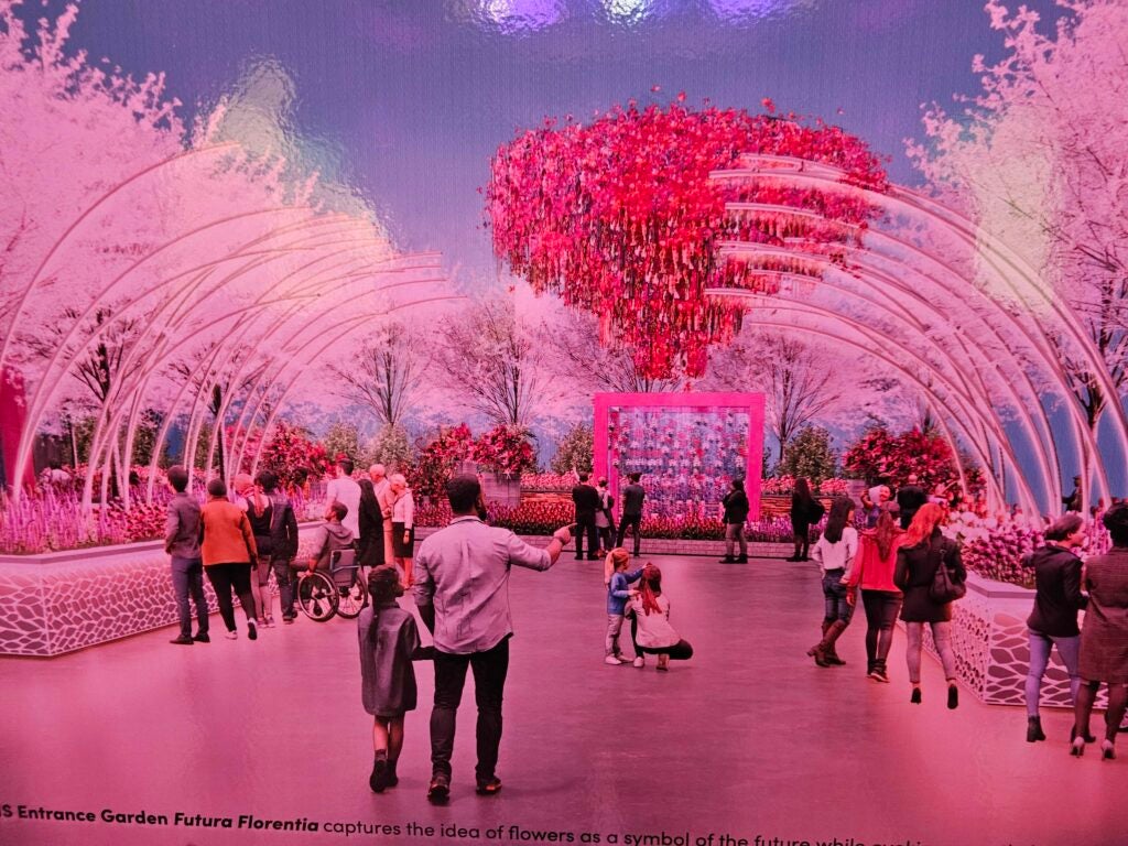 a rendering shows people looking at flowers