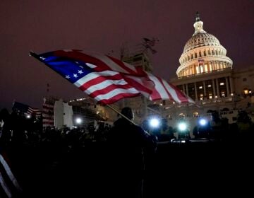 Protesters hold flags with the 13 Colonies