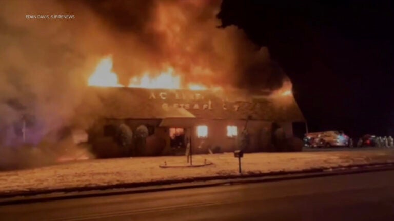 A fire blazes at the A Cheerful Giver candle business in Salem County, N.J. (6abc)