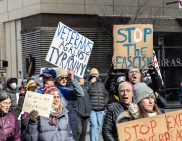 protesters walking, with a sign reading VETERANS AGAINST TYRANNY, another STOP THE FASCISM, and another reads WE WILL NOT BE SILENCED!