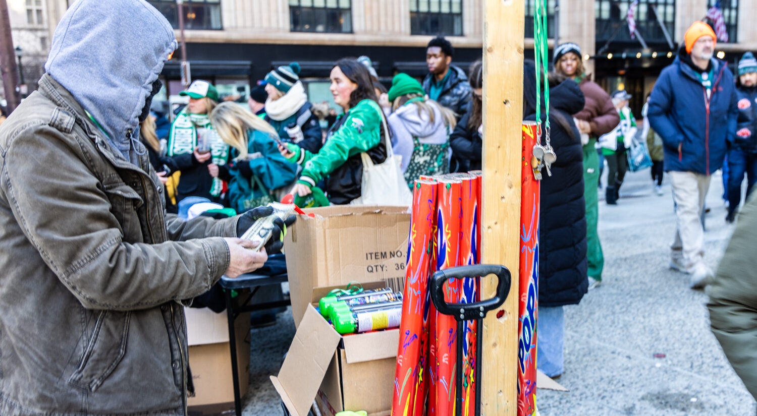 Silly string, confetti poppers and whistles for sale at City Hall in Philadelphia on Parade day celebrating the Eagles’ big win on February 14, 2025.