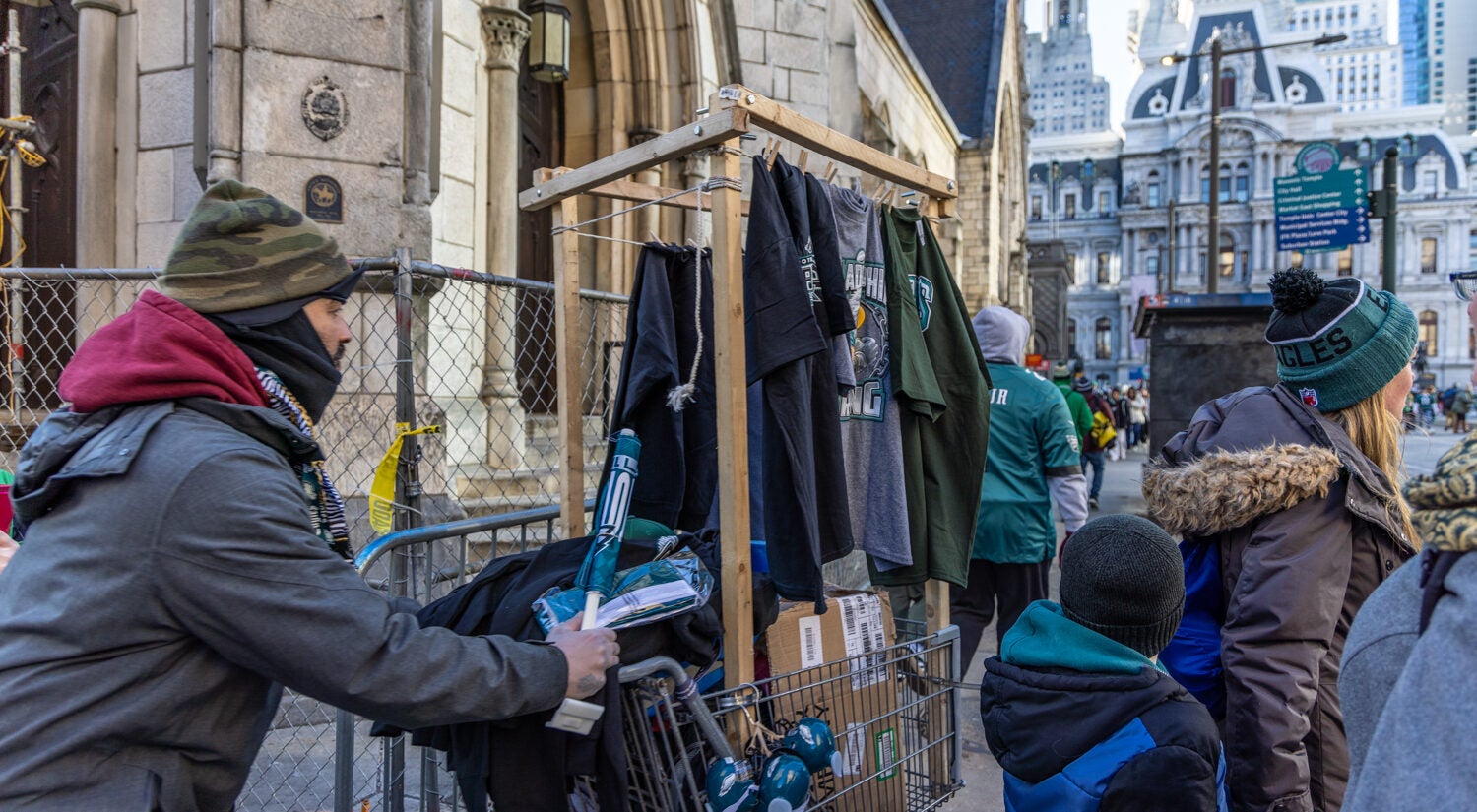 Entrepreneurial fans took to selling merchandise in the street during the Philadelphia Eagles’ celebratory parade on February 14, 2025.