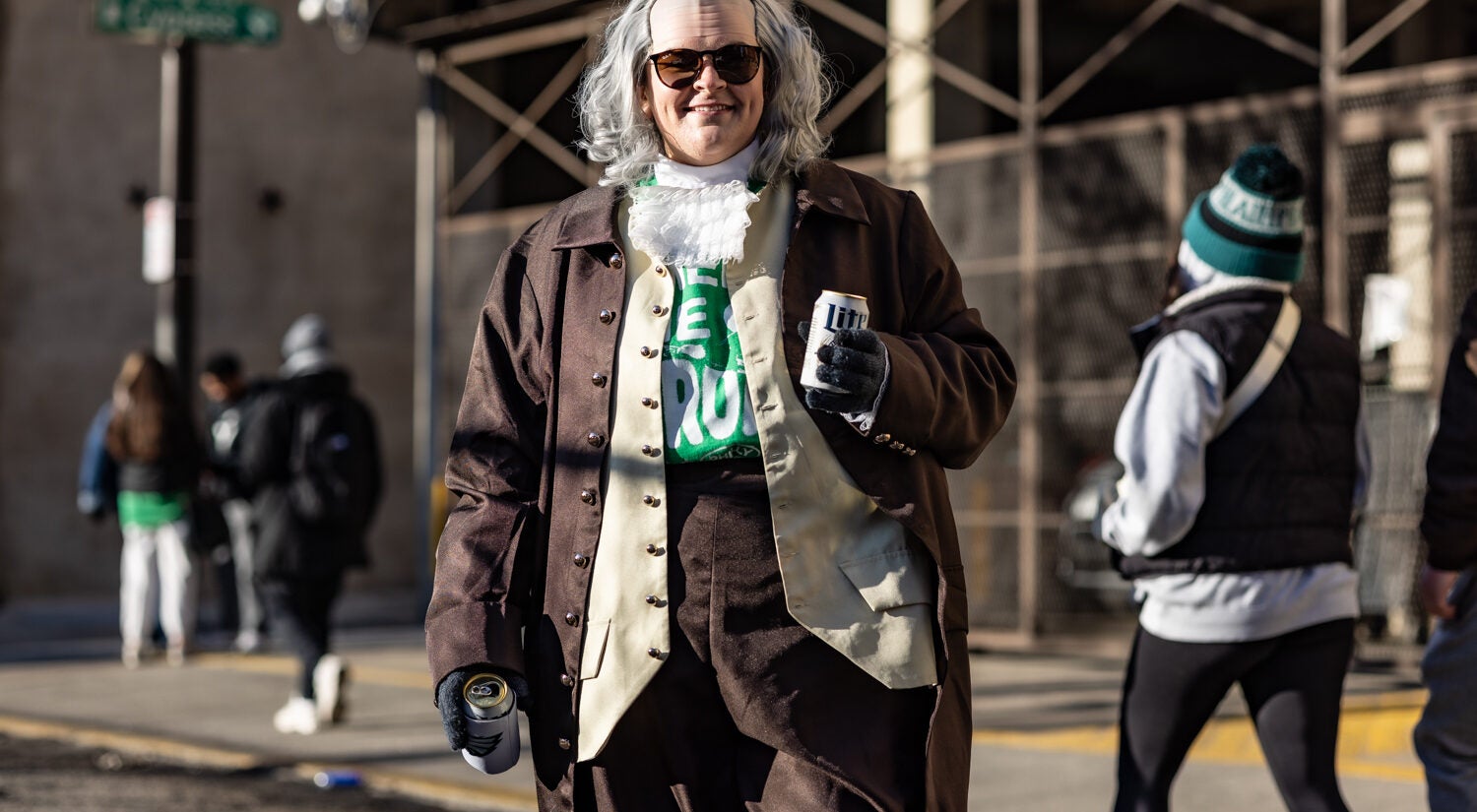 An Eagles fan cosplays Ben Franklin at the Super Bowl parade on February 14, 2025.