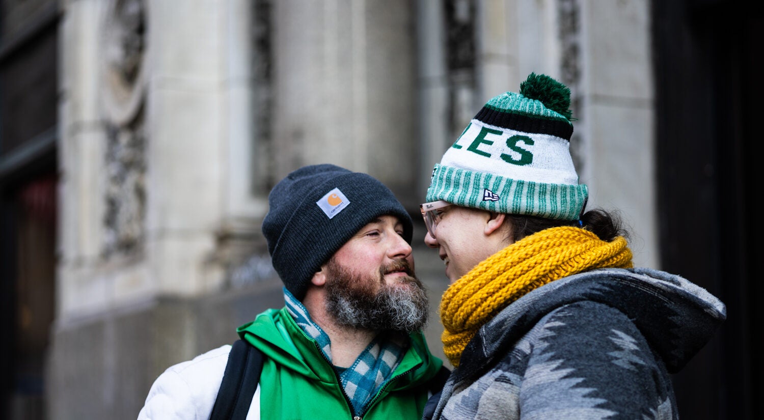 Becky and Corey Hughes celebrated their 6th wedding anniversary and the Philadelphia Eagles at the parade on February 14, 2025.