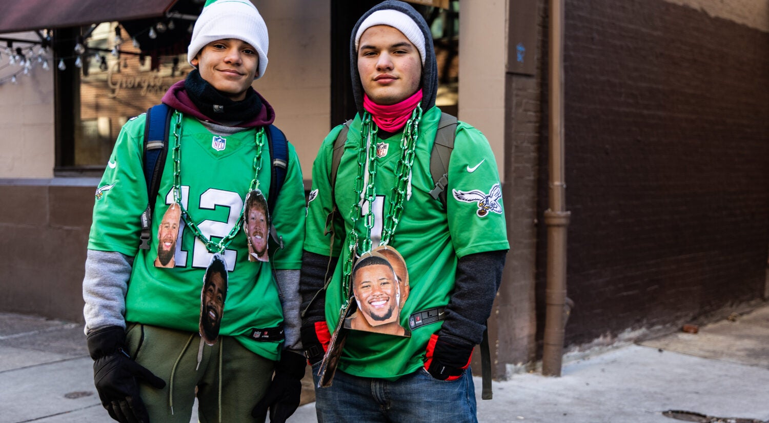 Brothers Jayden and Robert Shields are seen at the Eagles Super Bowl parade