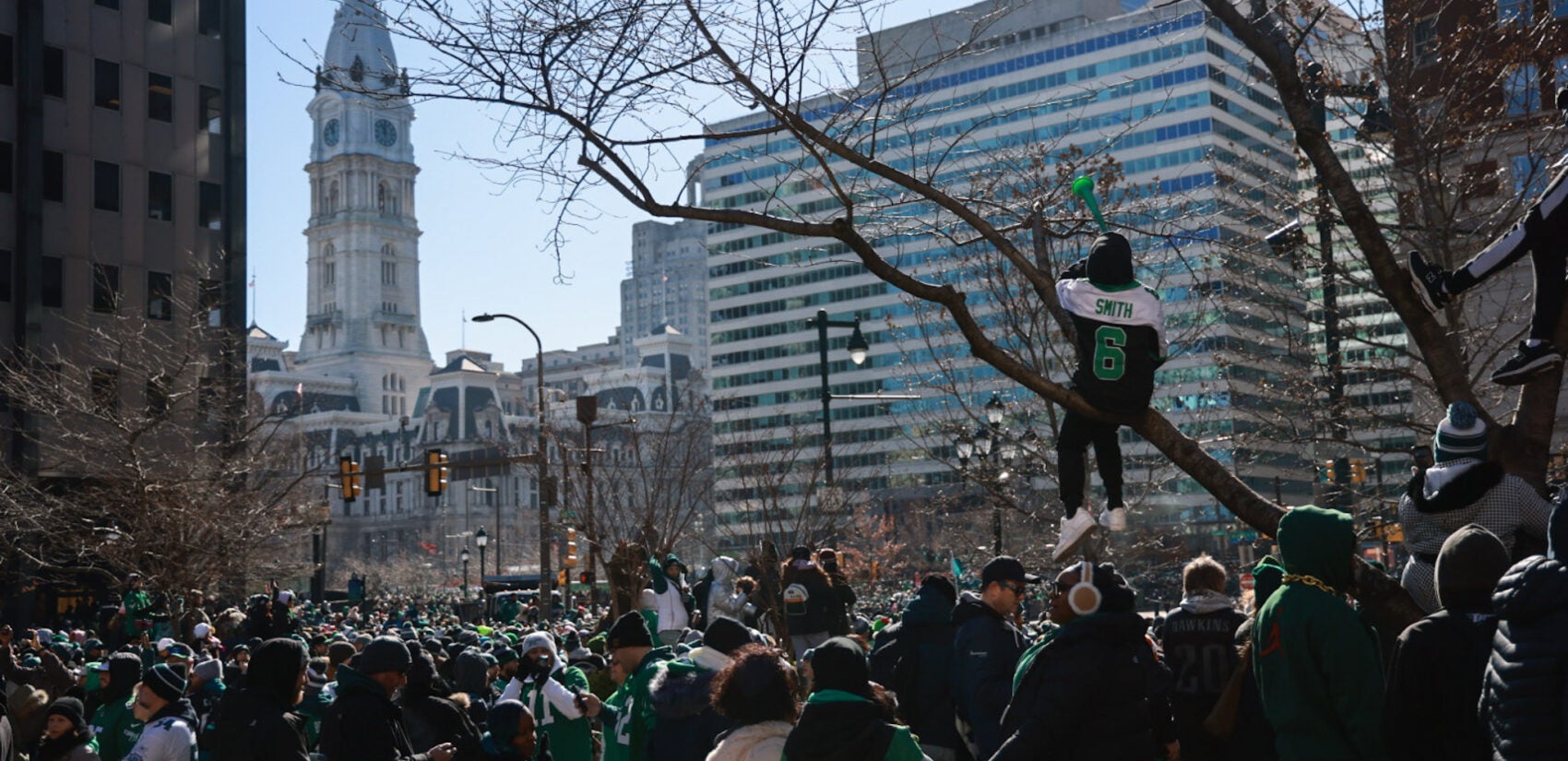 A fan is in the tree overlooking the massive crowd of Eagles fans