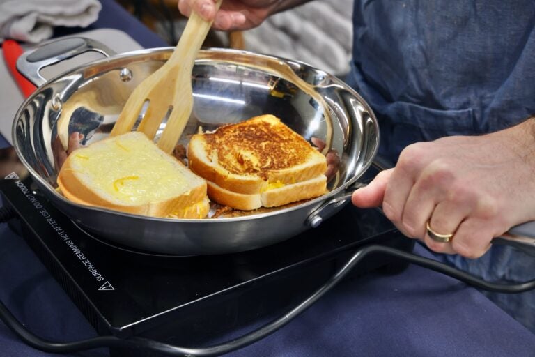 a grilled cheese in a pan