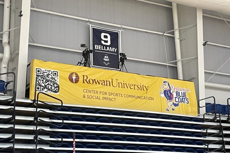 a sign for Rowan University Center for Sports Communication and Social Impact