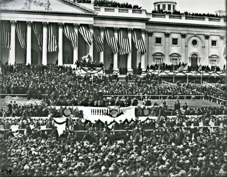 A large crowd gathered on the steps of the Capitol for the inauguration