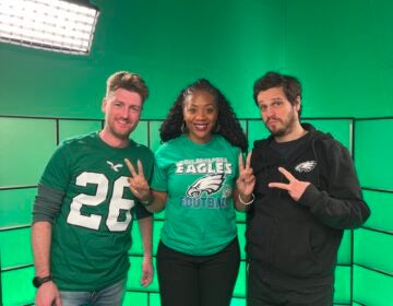 Left to right: Executive Producer Kevin McCorry with Studio 2 hosts Cherri Gregg and Avi Wolfman-Arent. (Photo: Andreas Copes, WHYY)