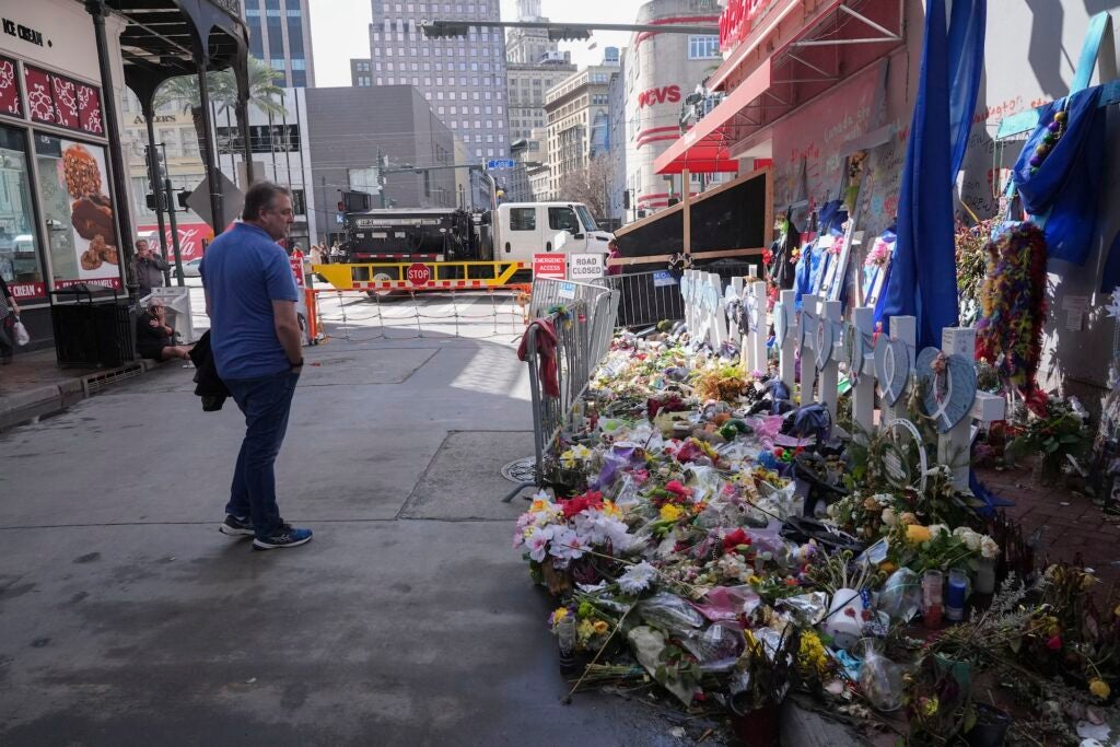 The memorial for the car attack on the street.