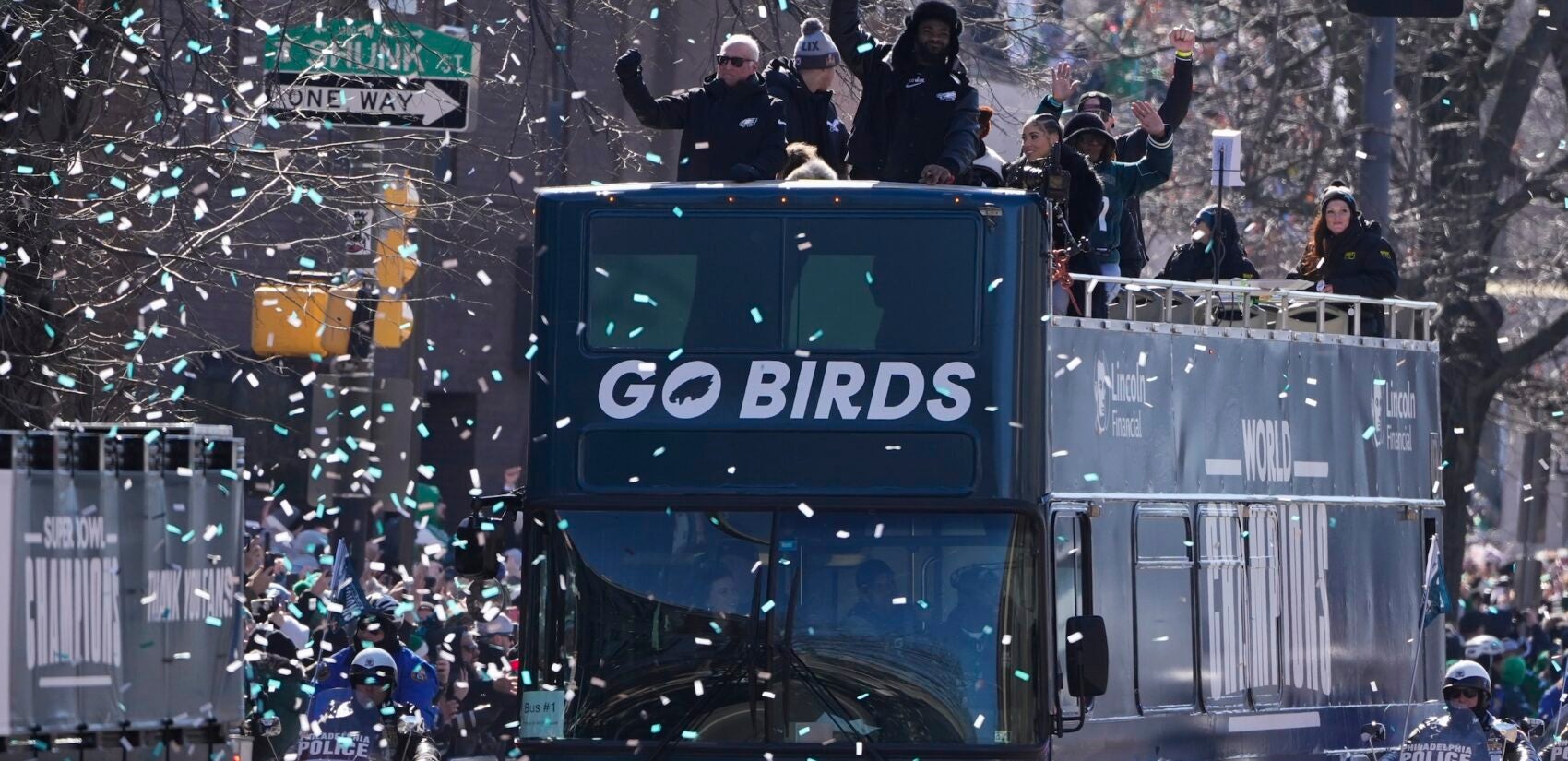 Eagles players celebrate with massive crowd during the parade