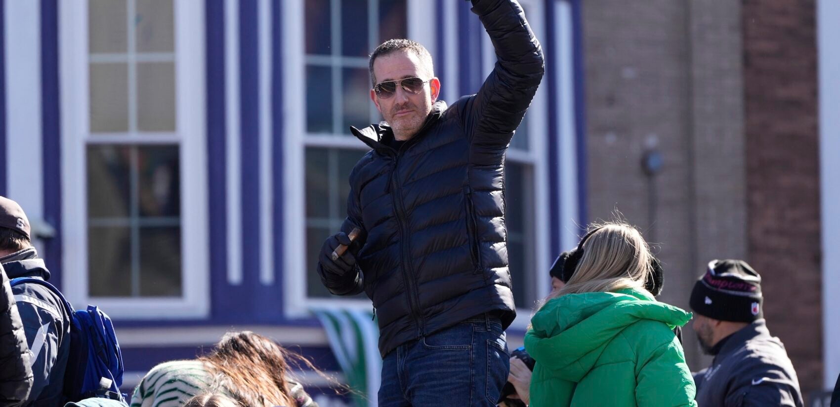 Howie Roseman celebrates during the parade