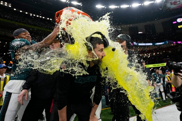 Eagles coach Nick Sirianni getting Gatorade dumped on his head