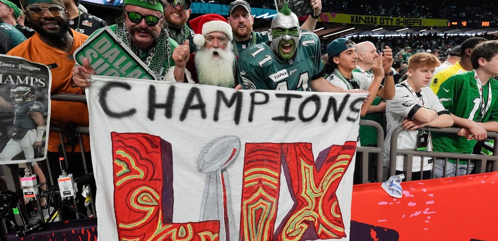 Fans celebrate at the Super Bowl